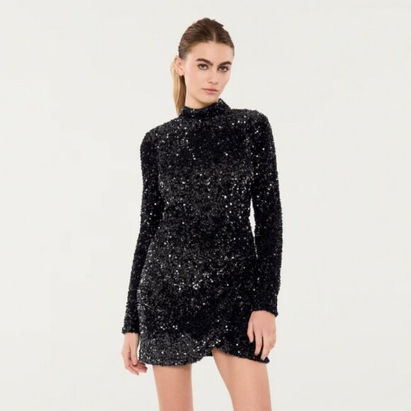 Likely Lisanna Black Mini Dress $378 Size 6 Sequin New Without Tags Long Sleeves - Picture 3 of 17